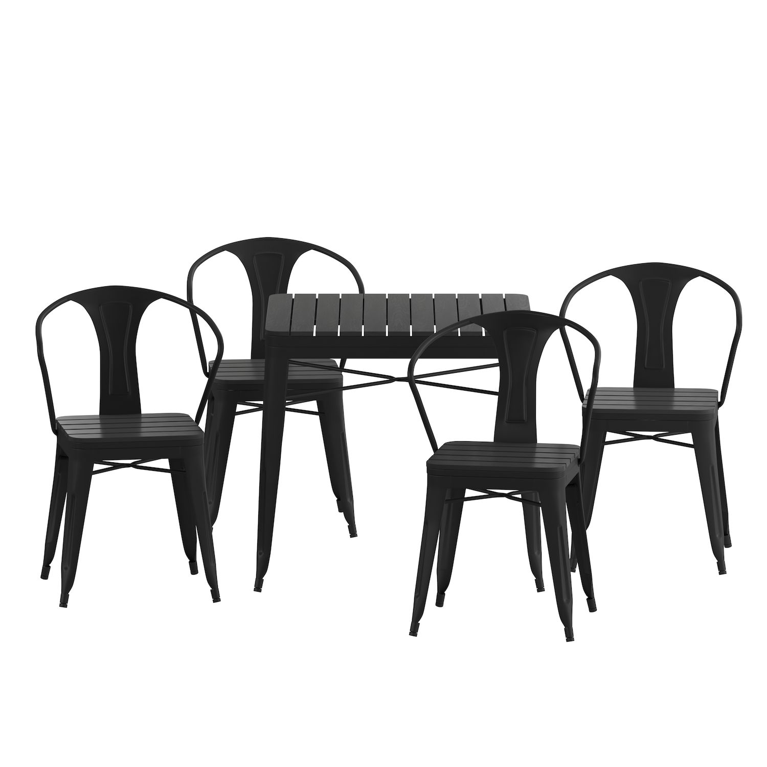 Merrick Lane Hara Five Piece Indoor-Outdoor Dining Table and Chairs Set with 31.5 Square Table and 4 Metal Chairs in Black