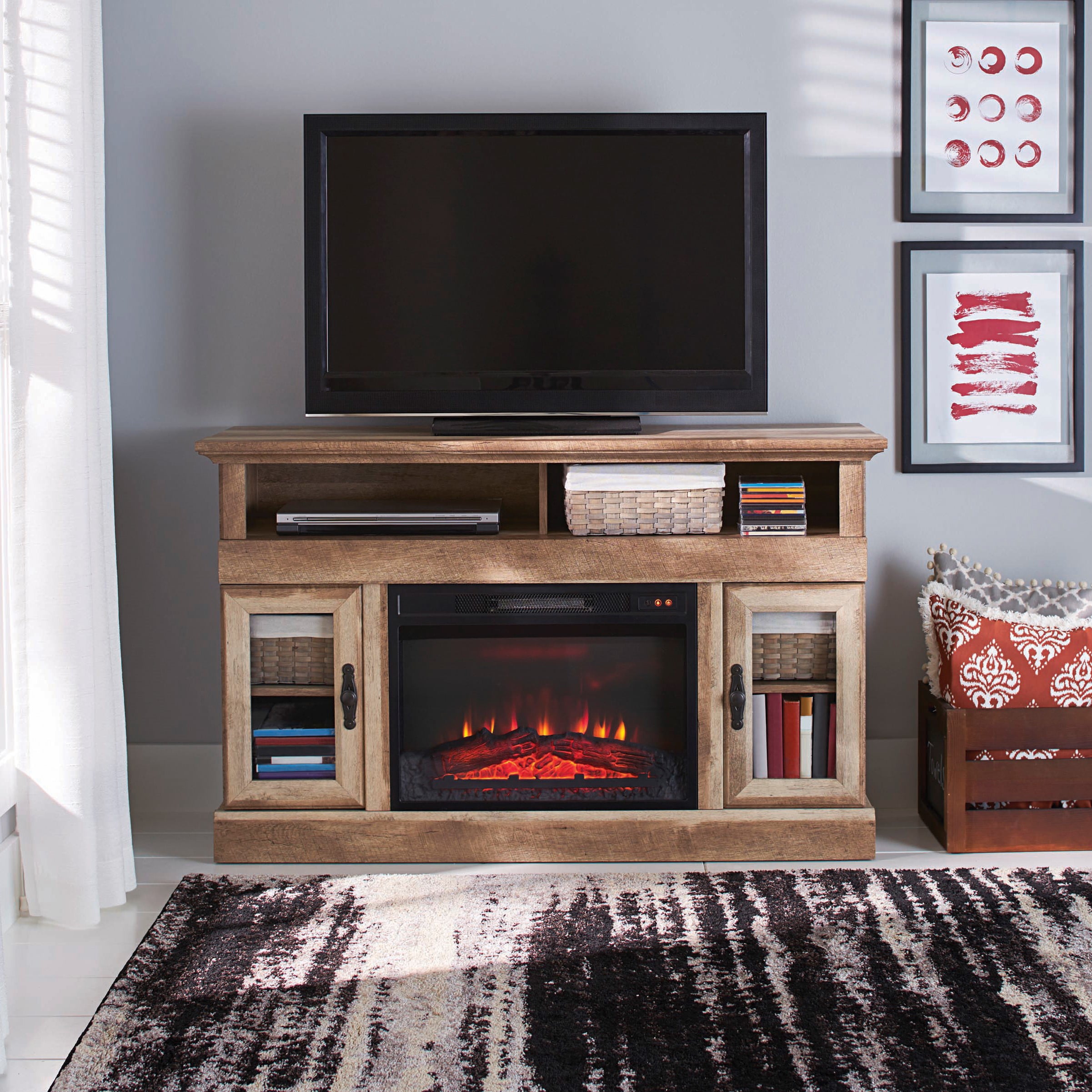 Better Homes & Gardens Crossmill Fireplace Media Console, for TVs up to 60, Weathered Pine Finish