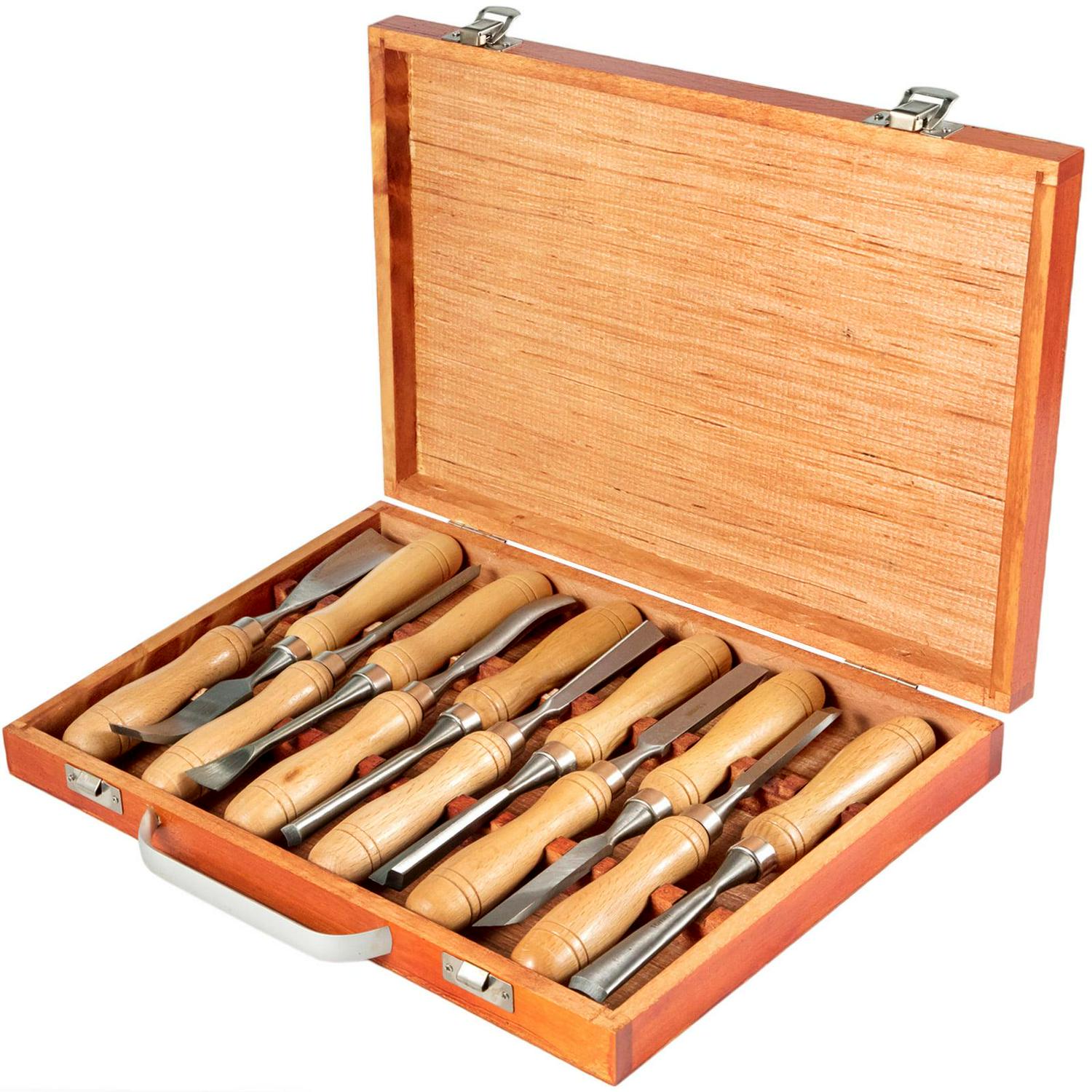 VEVOR Wood Chisel Sets 12 pcs Wood Carving Hand Chisel 3-3/4 inch Blade Length，Woodworking Chisels with Red Eucalyptus Handle，Wood Tool Box，for Wood Carving Root Carving Furniture Carving Lathes