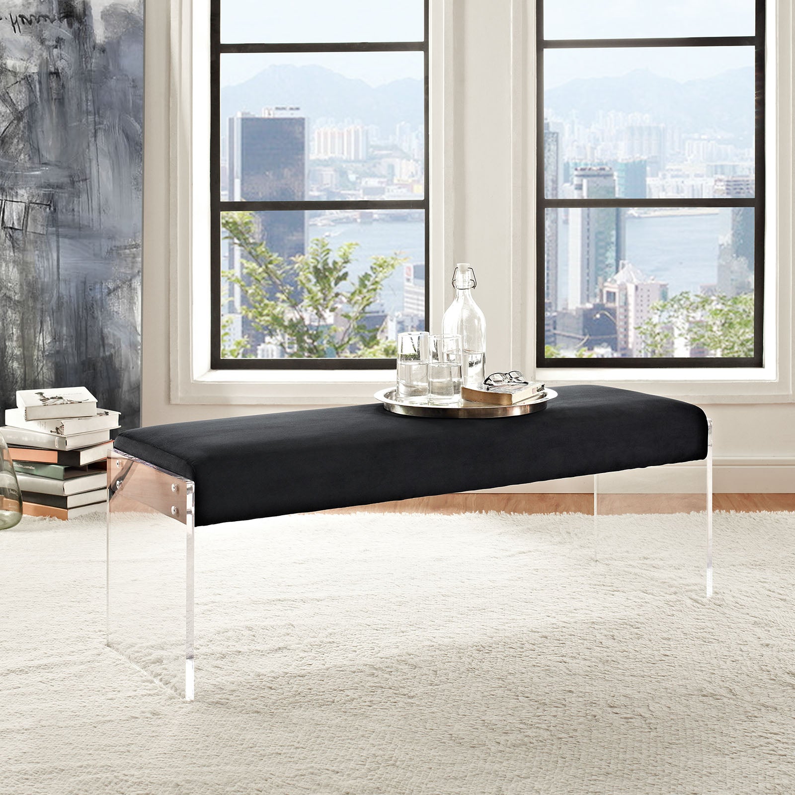 Modern Contemporary Urban Design Bedroom Living Room Bench, Black, Fabric Velvet