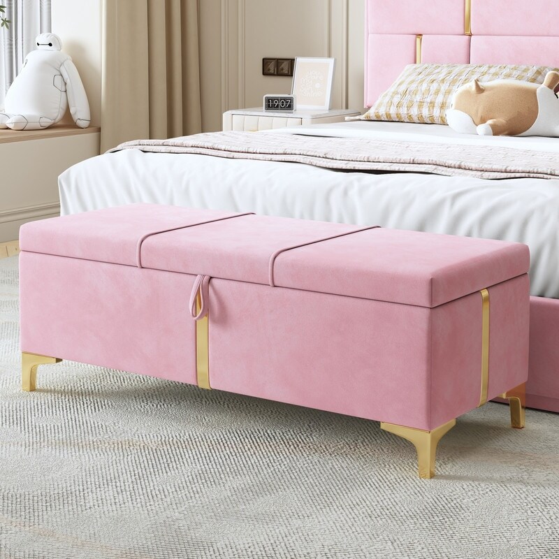 Elegant Upholstered Storage Ottoman Storage Bench with Metal Legs for Bedroom Living Room Fully Assembled Except Legs