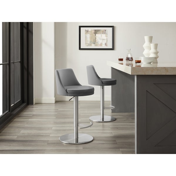 ELEMENT bar stool with brushed stainless steel swivel base.