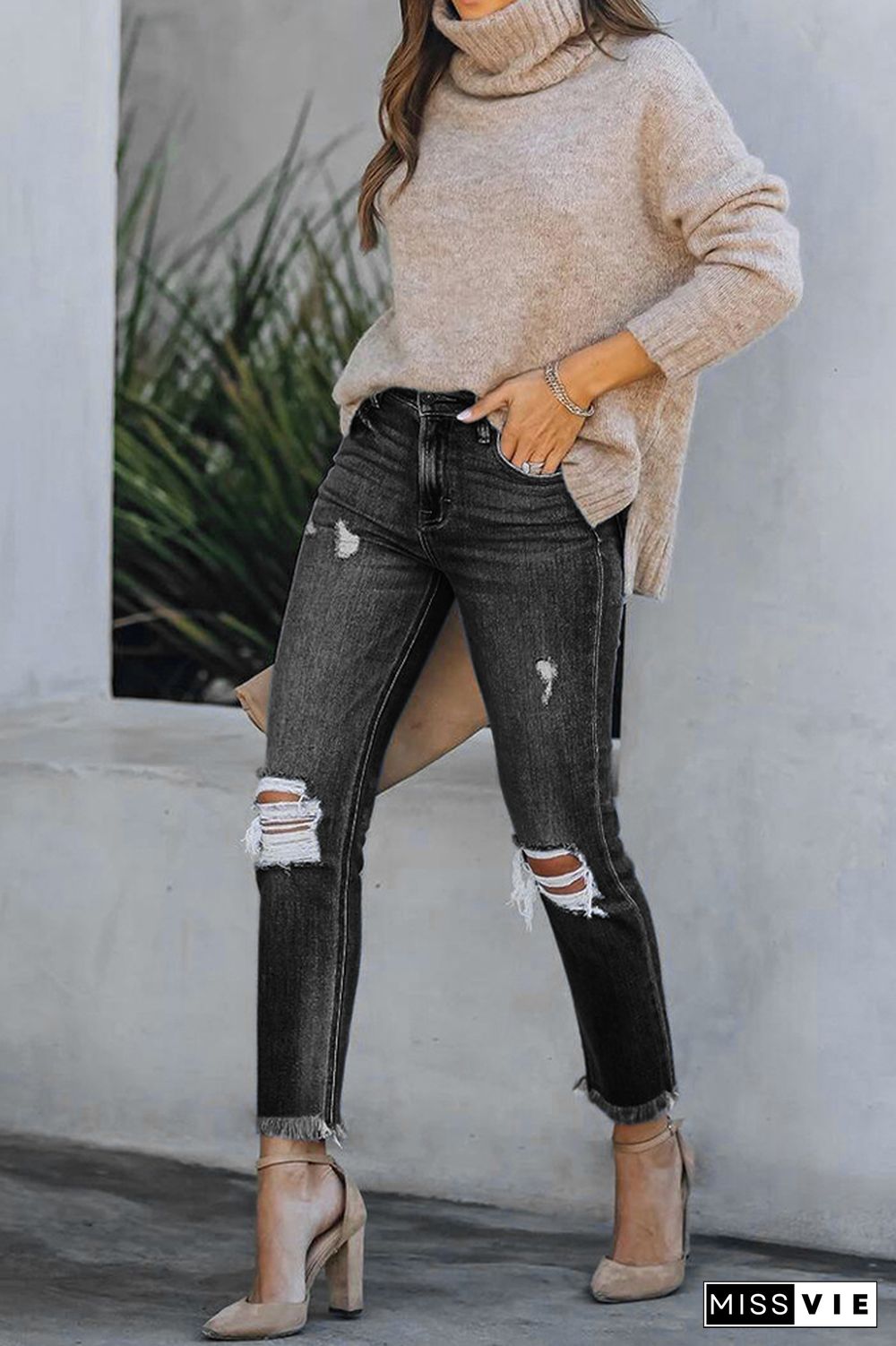 Ripped Mid Waist With Tassels Jeans Wholesale