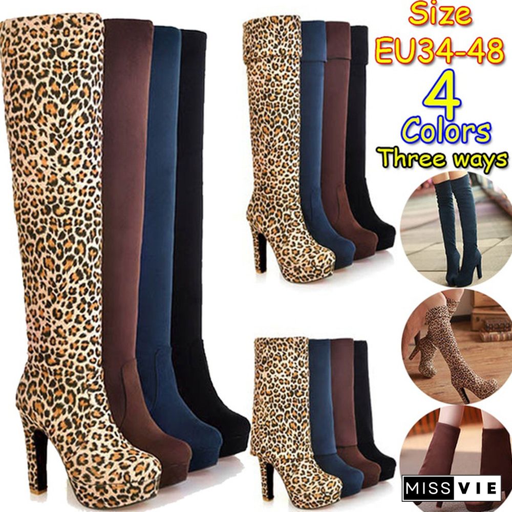 The New Autumn/winter Thigh-high Boots with Three Styles of Wear, Elastic and Matted Waterproof Platform, High-heel, Chunky-heel and Over-the-knee Boots Size 34-48