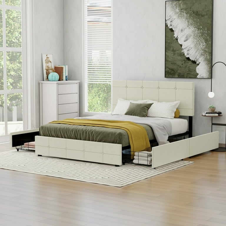 NNV Upholstered Platform Bed Frame with 4 Storage Drawers  Button Tufted Design