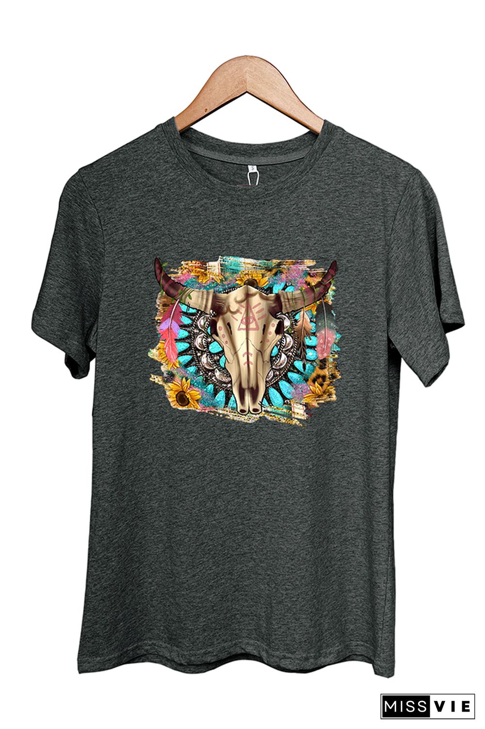 Western Boho Skull Pngturquoise And Leopard Short Sleeve Graphic Tee Wholesale