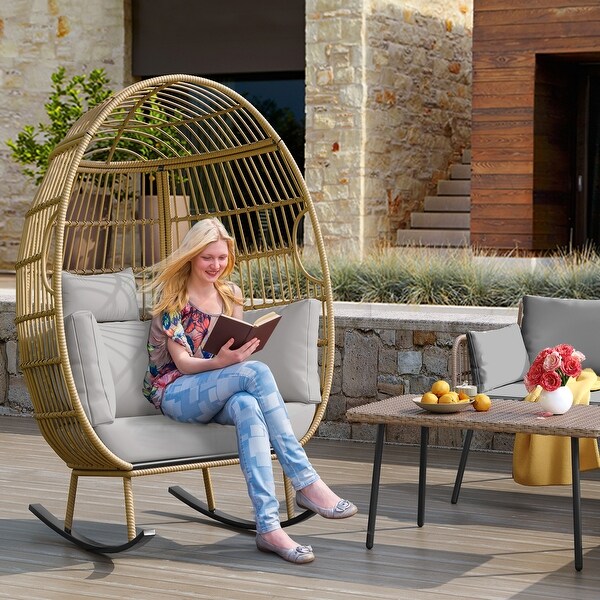 Moasis Outdoor Rocking Egg Chair，AllWeather Wicker Patio Rocking Basket Chair with Cushions