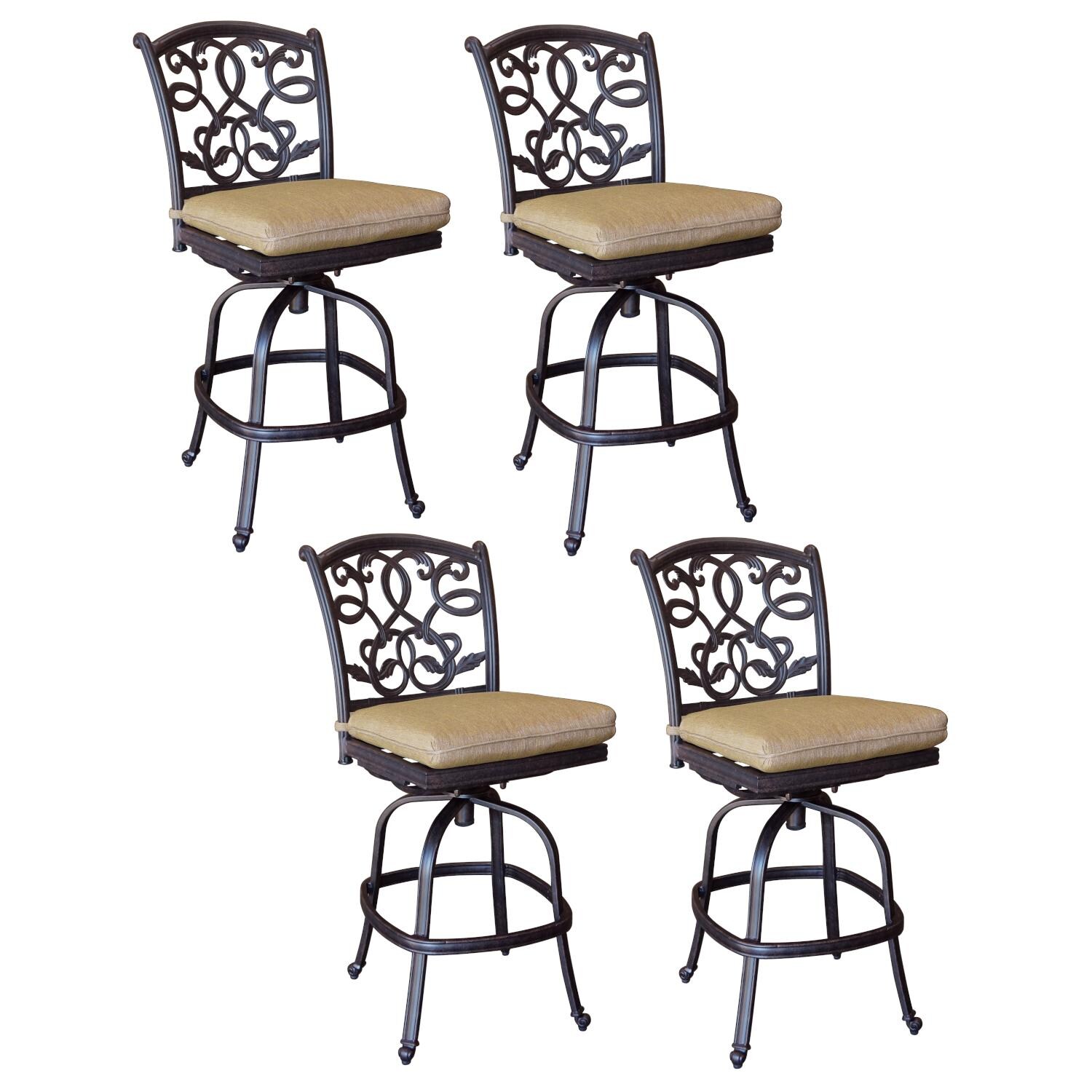 Darlee Santa Monica 4 Piece Cast Aluminum Patio Armless Counter Height Swivel Bar Stool Set W/ Sesame Cushions