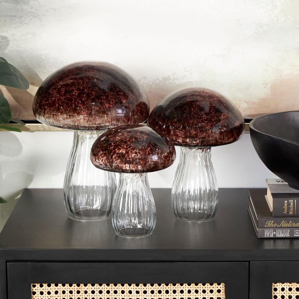 Red Glass Textured Mushroom Sculpture with Clear Stems (Set of 3)