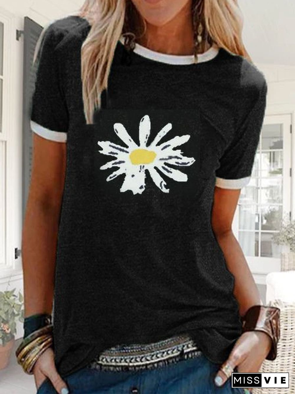 Women Floral Print Short Sleeve Round Neck T-Shirts Tops