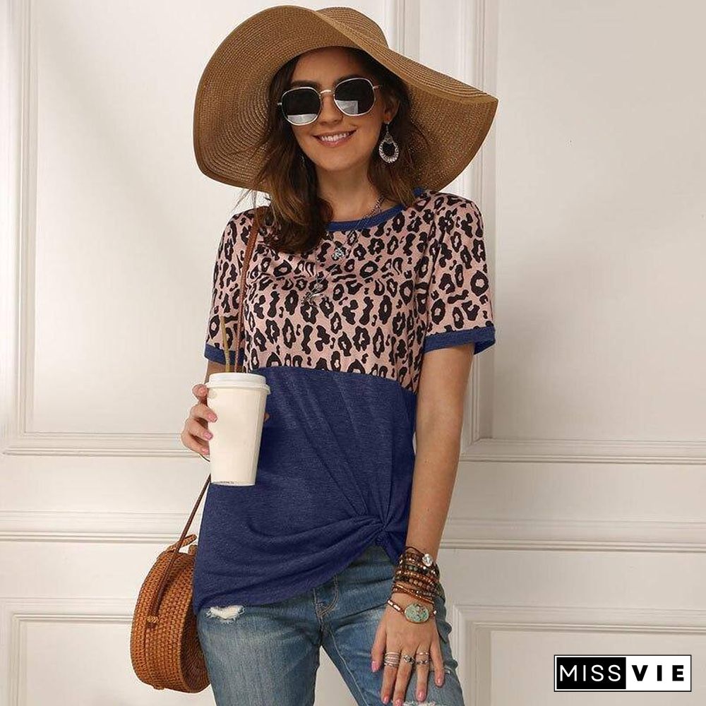 Leopard T-shirt Women Patchwork Top Summer Short Sleeve Tee Shirts Women Clothes New Tie Tops Tee Female 2XL Tee