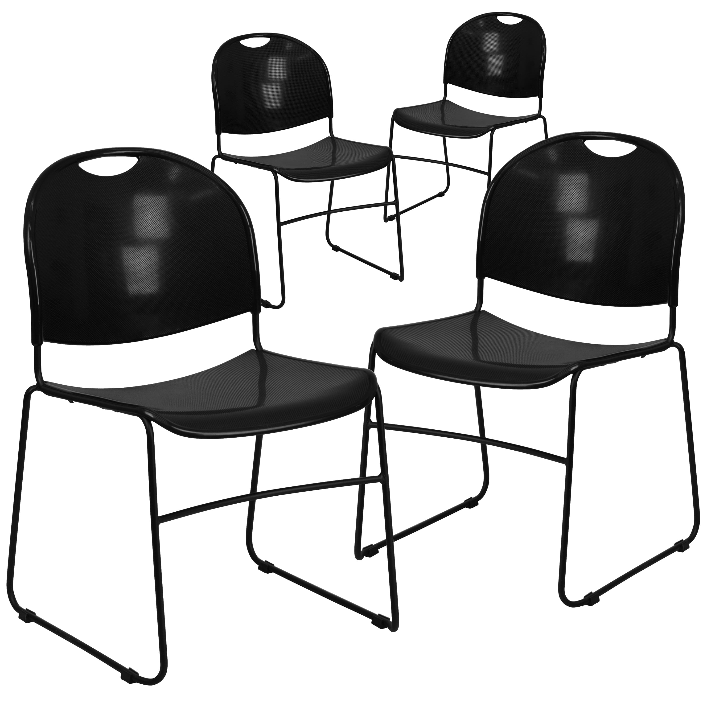 Flash Furniture 4 Pack HERCULES Series 880 lb. Capacity Black Ultra-Compact Stack Chair with Black Powder Coated Frame