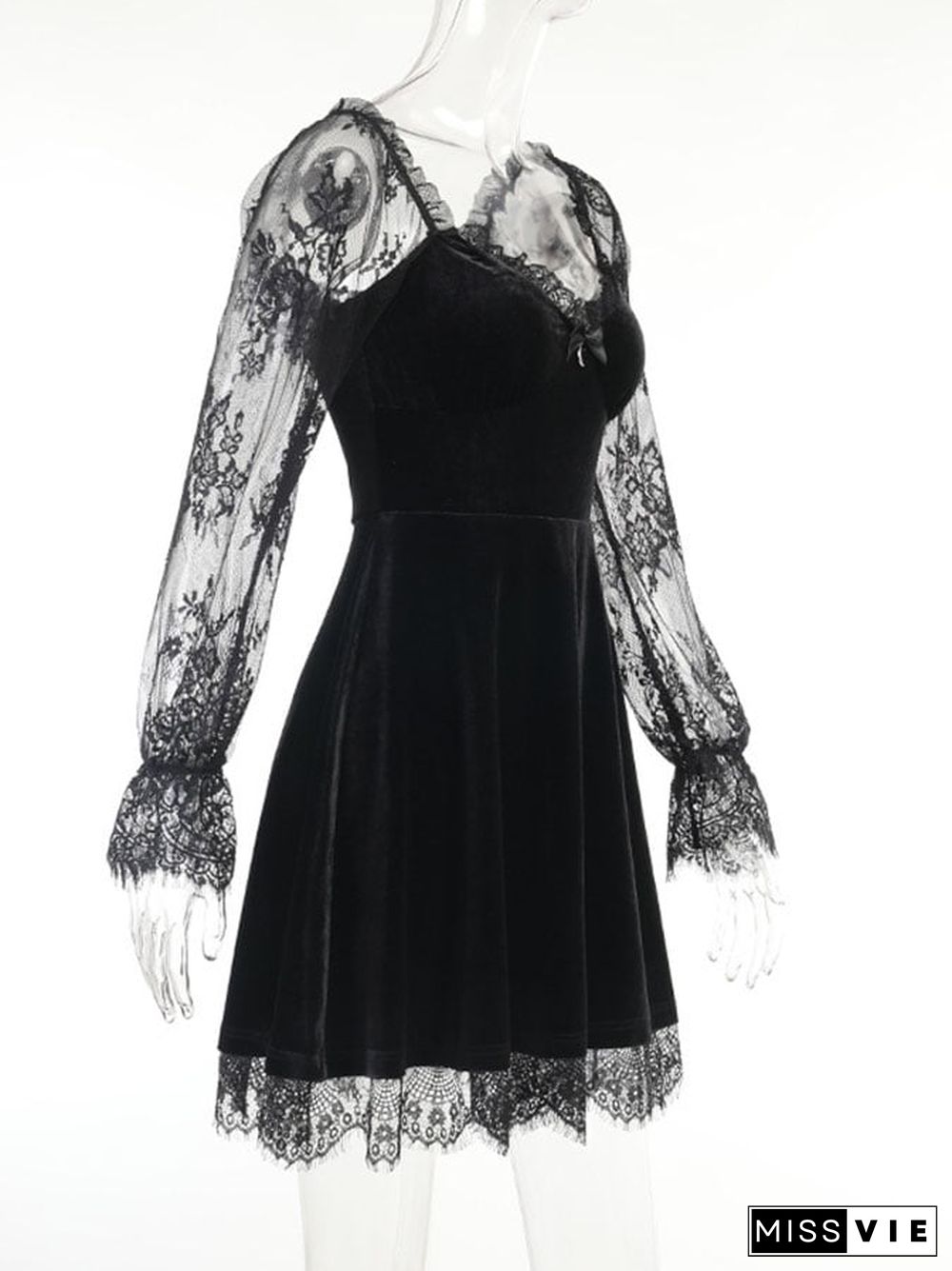 Sexy Lace Panel Flared Long Sleeve Dress