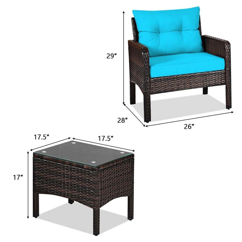 3 Pcs Rattan Wicker Outdoor Bistro Set with Coffee Table & Chairs, All-Weather Patio Conversation Sets