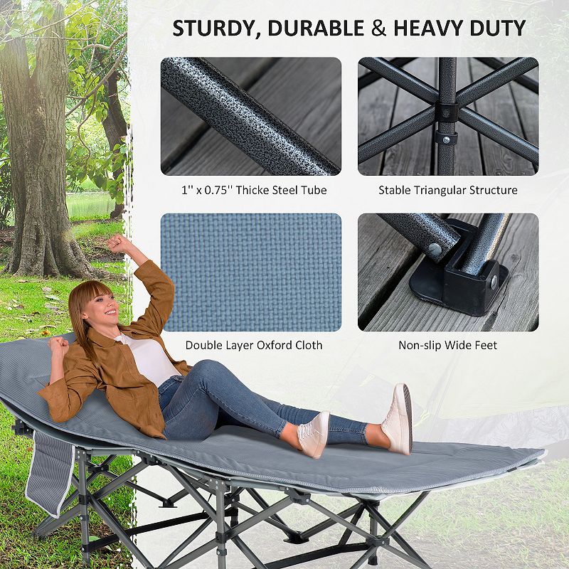 Outsunny Folding Camping Cot for Adults with Mattress and Pillow， Double Layer Oxford Heavy Duty Sleeping Cots with Carry Bag， Portable Travel Camp Cots for Indoor Outdoor， Grey