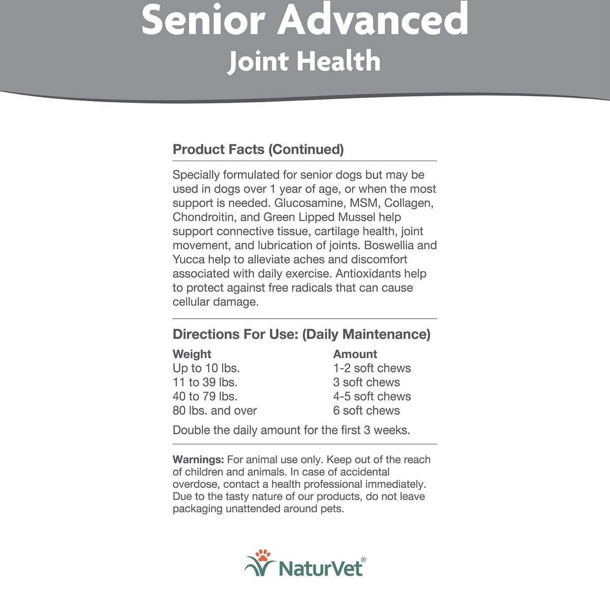 NaturVet Senior Advanced Joint Health Glucosamine， MSM， Chondroition and Collagen Dog Supplement