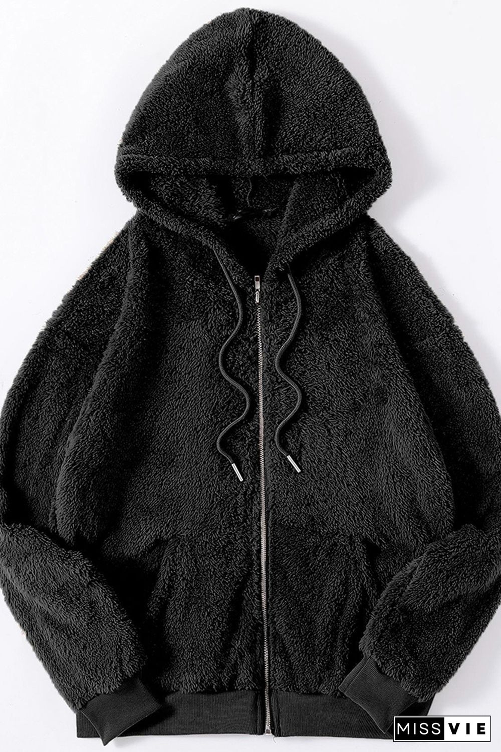 Black Drawstring Zipper Hooded Fleece Sweatshirt Coat