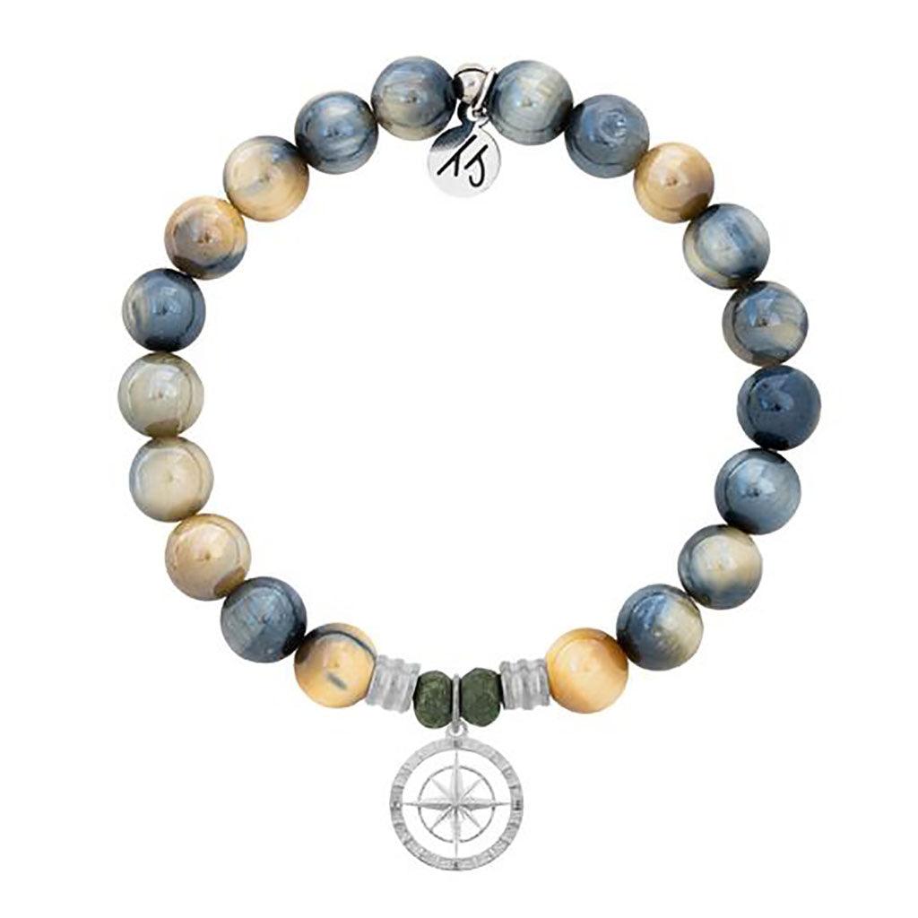 T. Jazelle  Dream Tiger's Eye Stone Bracelet with Compass Rose Sterling Silver Charm