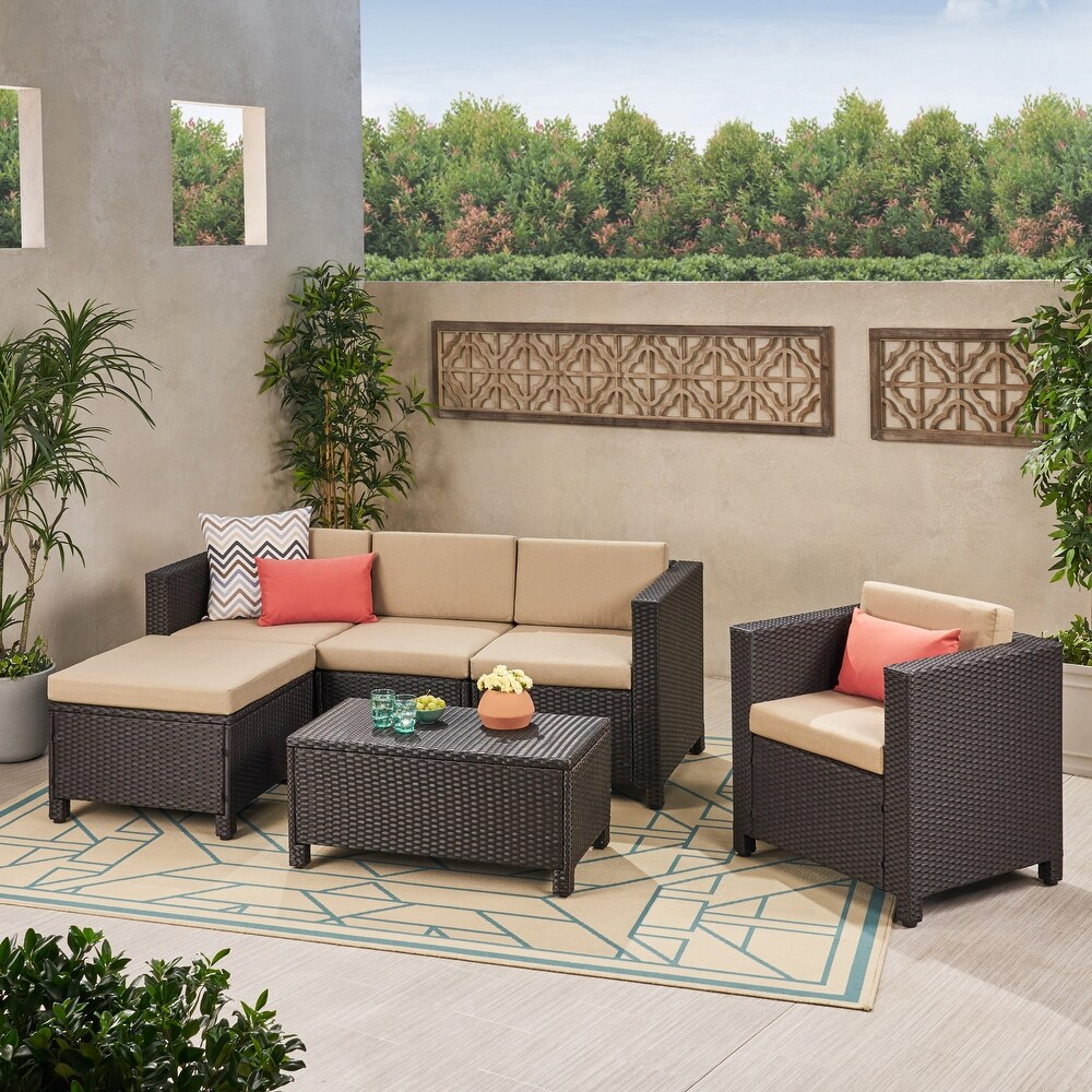 Puerta Outdoor 6 piece Wicker L Shaped Sectional Sofa Set with Cushions by Christopher Knight Home