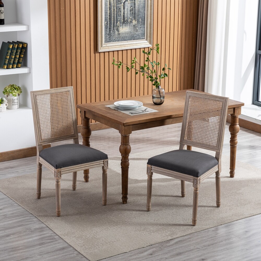 French Style Rattan Back Dining Chairs with Linen Fabric Upholstered Accent Side Chairs and Solid Wood Legs Seat of 2