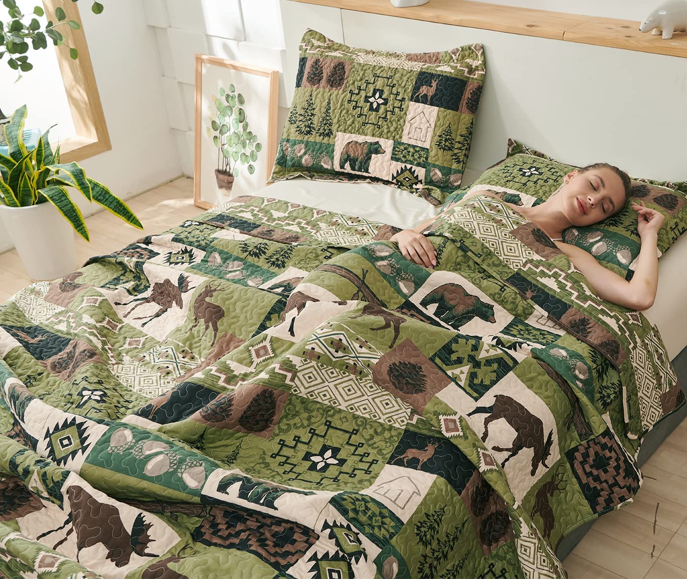 Jessy Home Queen/Full Rustic Quilt Sets Moose Bear Bedding Green Polyester Bedspread Coverlet