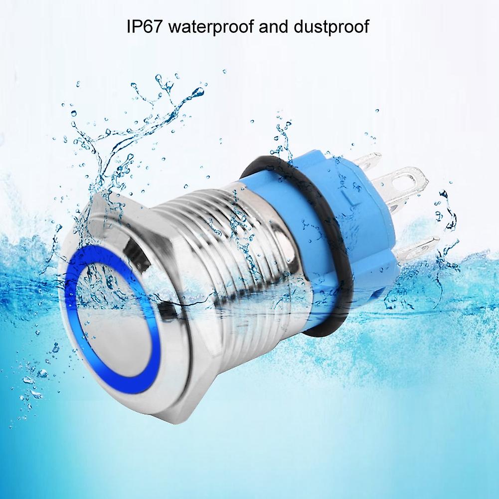 16mm 12v Waterproof Car Led Light Latching Self-locking Push Button Switch With Plug (blue)