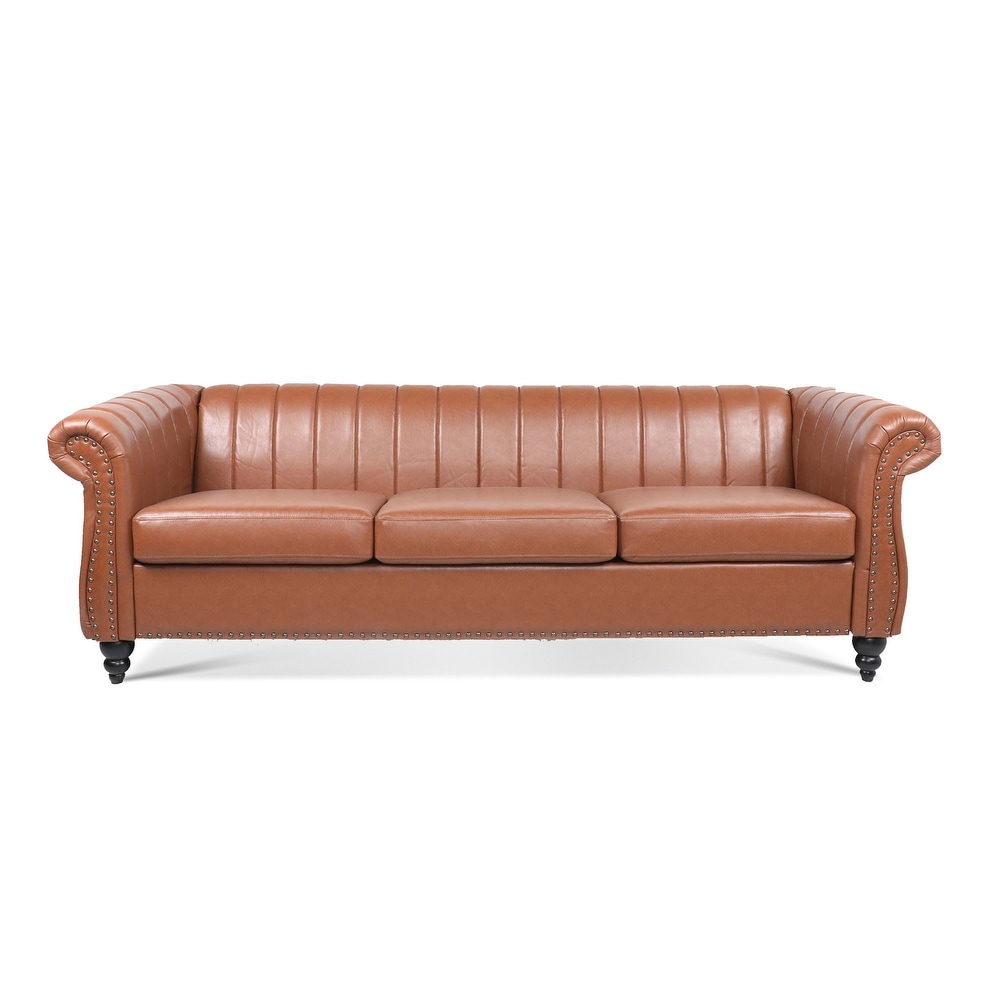 Modern PU Rolled Arm Chesterfield Three Seater Sofa