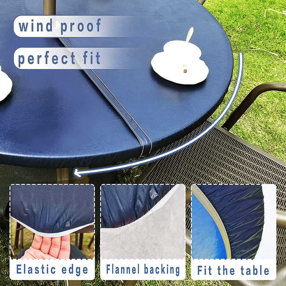 Vinyl Round Fitted Tablecloth With Umbrella Hole Table Cover With Flannel Backing Oil&Waterproof Wipeable Vibrant Colors Elastic Edge Table Cover - Dark Blue 45-56"