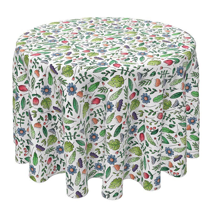 Round Tablecloth， 100% Cotton， 60 Round， Leaves and Flowers Garden