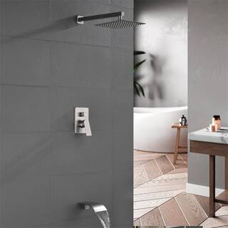 FLG Single-Handle 1-Spray Wall Mount Tub and Shower Faucet with 10 in. Shower Head in Brushed Nickel (Valve Included) SS-0067-BN-10