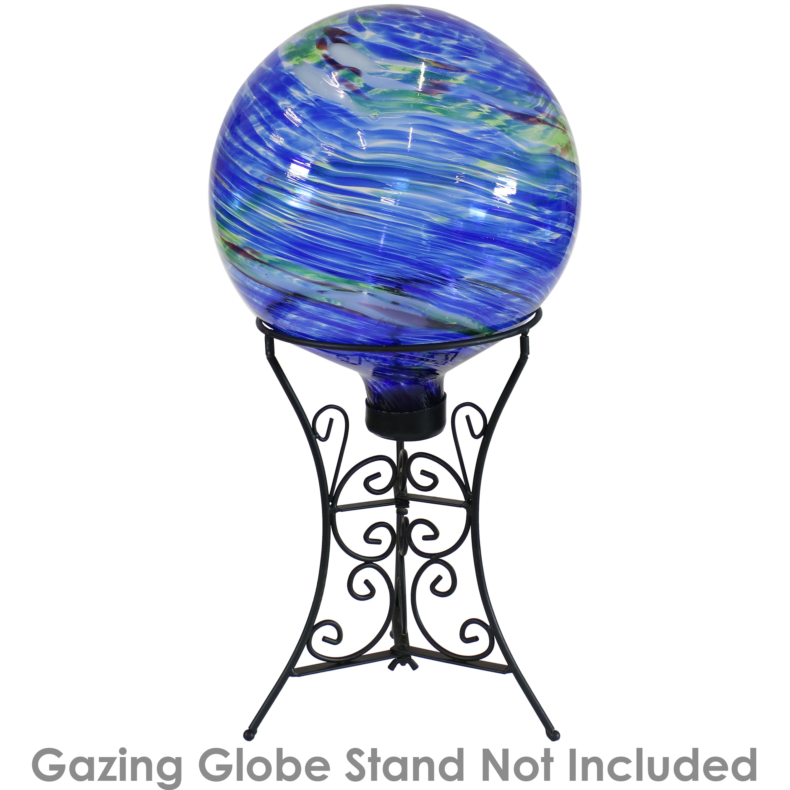 Sunnydaze Northern Lights Glass Gazing Globe with Stemmed Bottom and Rubber Cap - 10" Diameter - Blue and Green Swirl - Set of 2