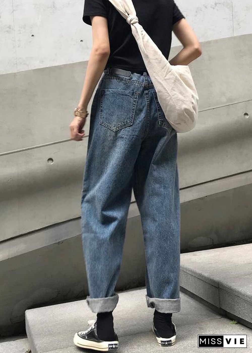 winter vintage denim blue pants high waist wide leg trousers