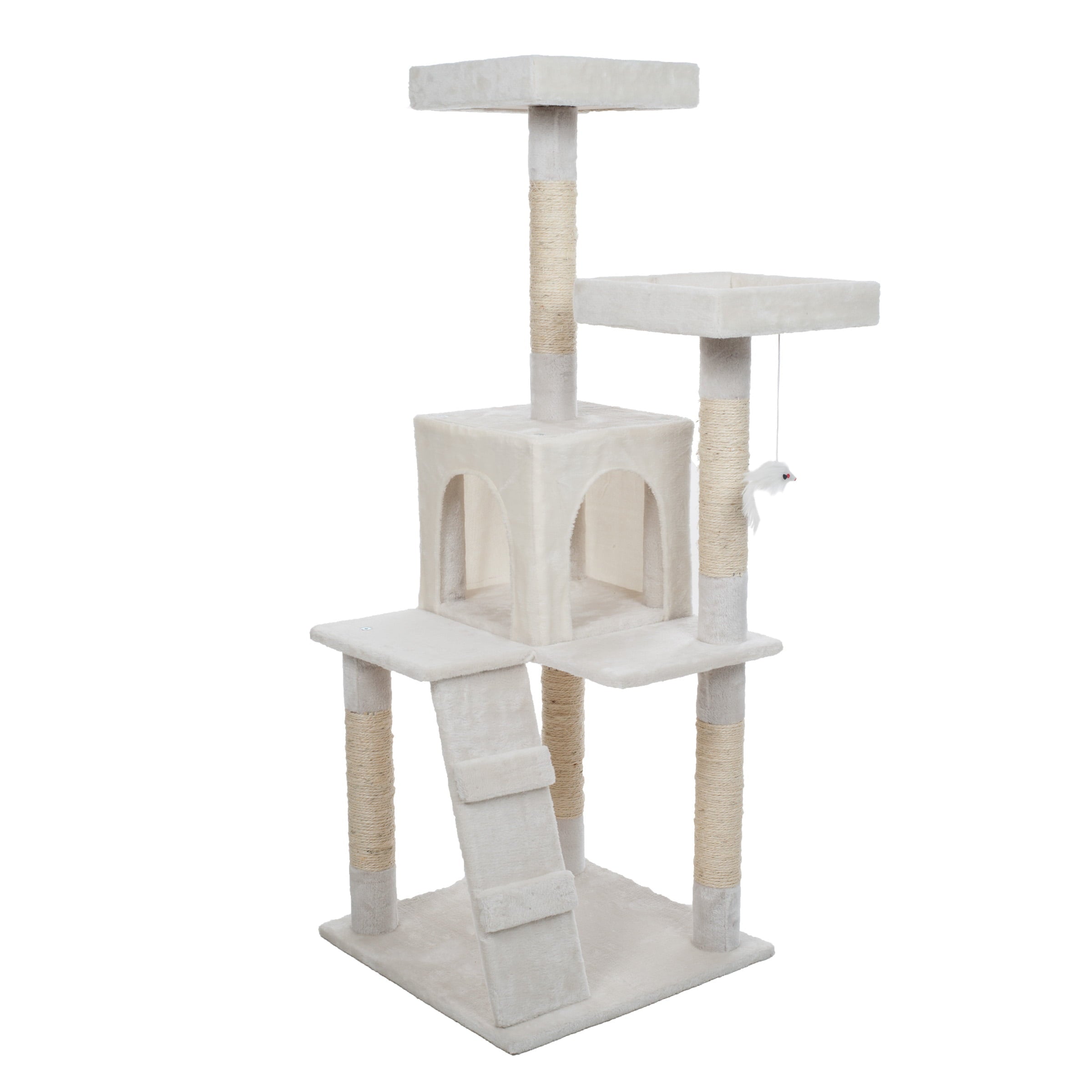 4-Tier Cat Tower with Napping Perches， Cat Condo， Ladder， 5 Sisal Rope Scratching Posts， Hanging Toy – Cat Tree for Indoor Cats by Petmaker (White)