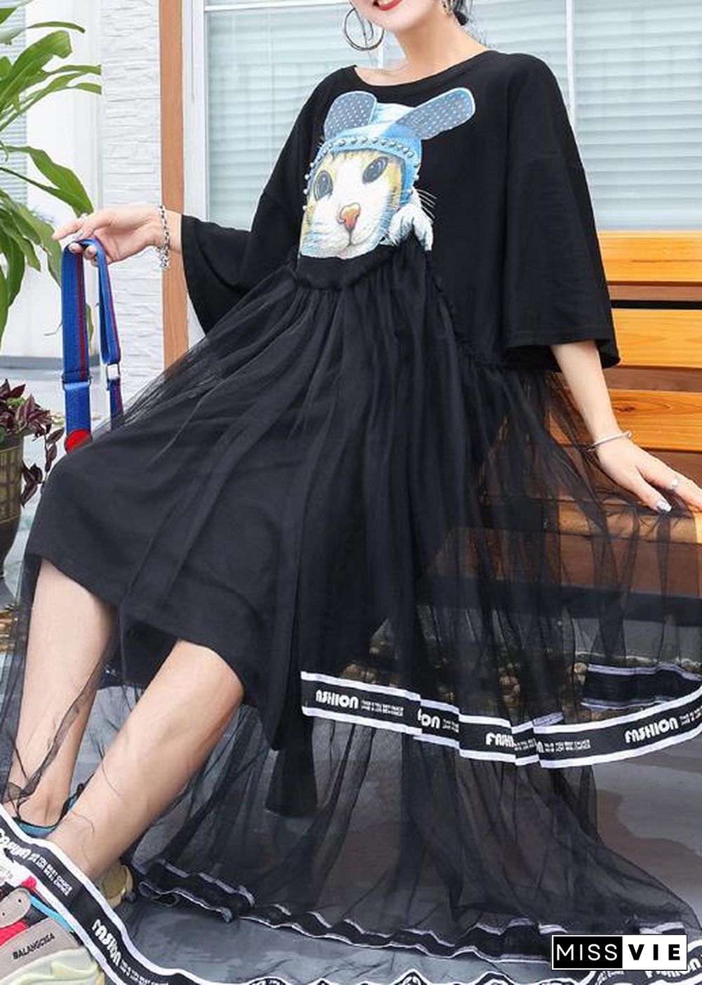 French black cotton Long Shirts patchwork tulle Plus Size  summer Dresses