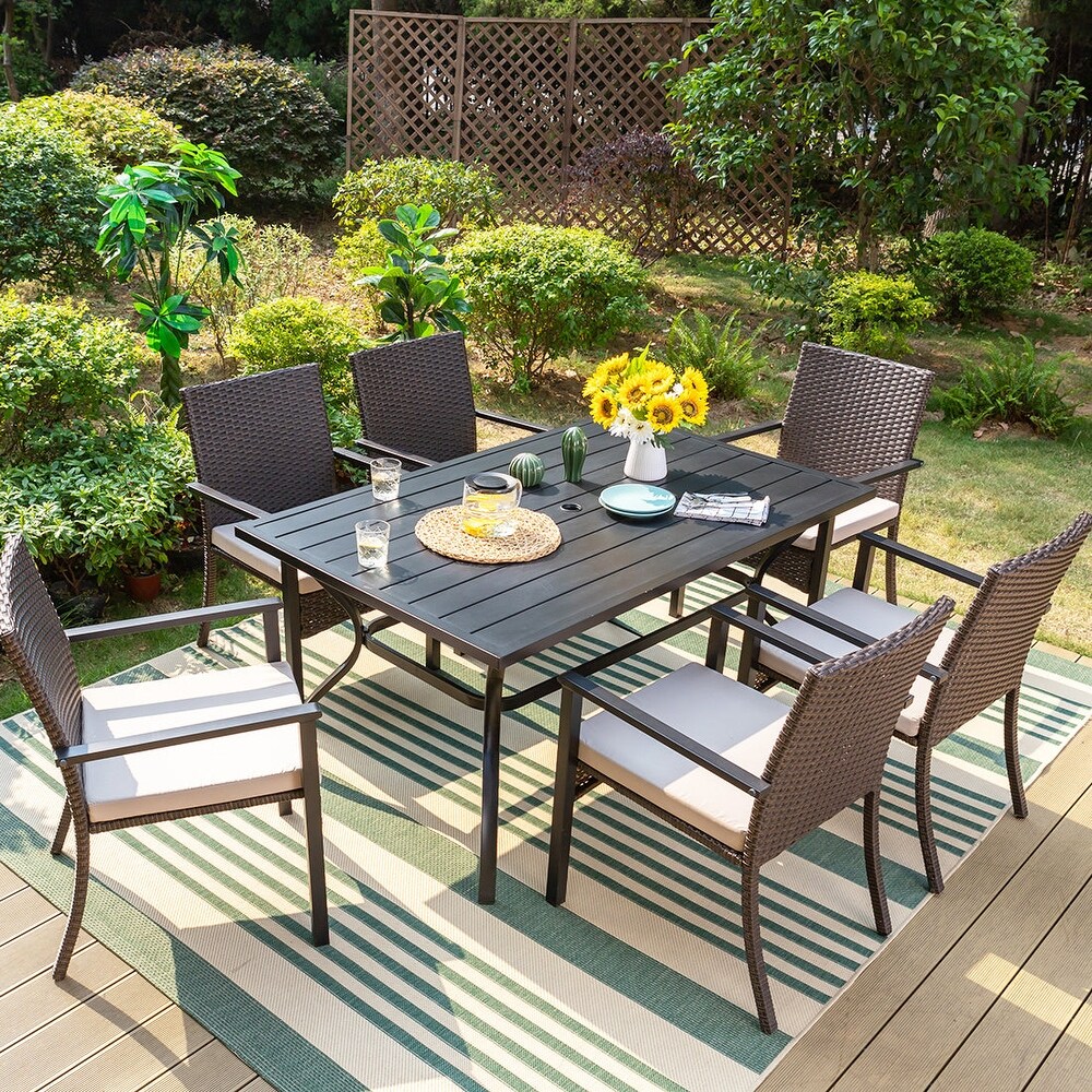 7 Piece Patio Dining Set of 1 Chic Classic Dining Table with Umbrella Hole and 6 Metal Chairs with Cushions