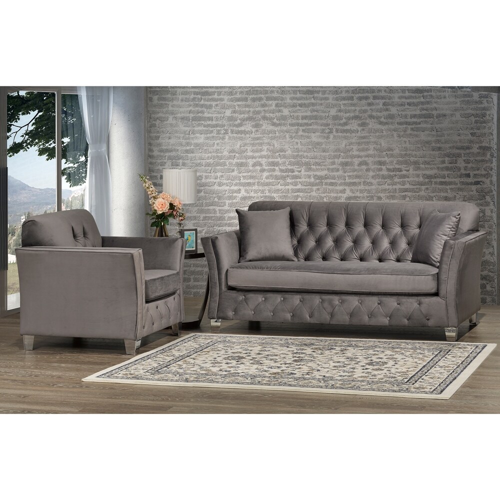 Corrie Grey Velvet Fabric Button Tufted Sofa and Two Chairs Set