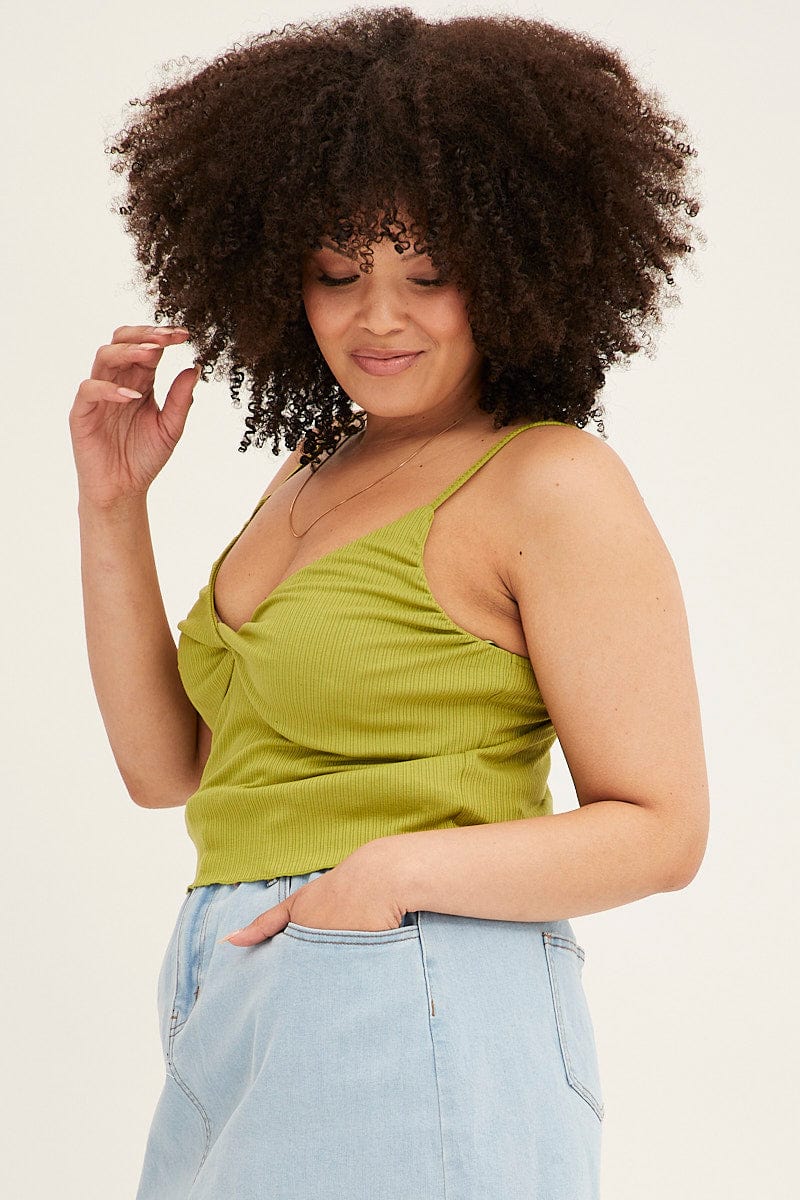 Lime Singlet Top Sleeveless Rib Twist Front Jersey