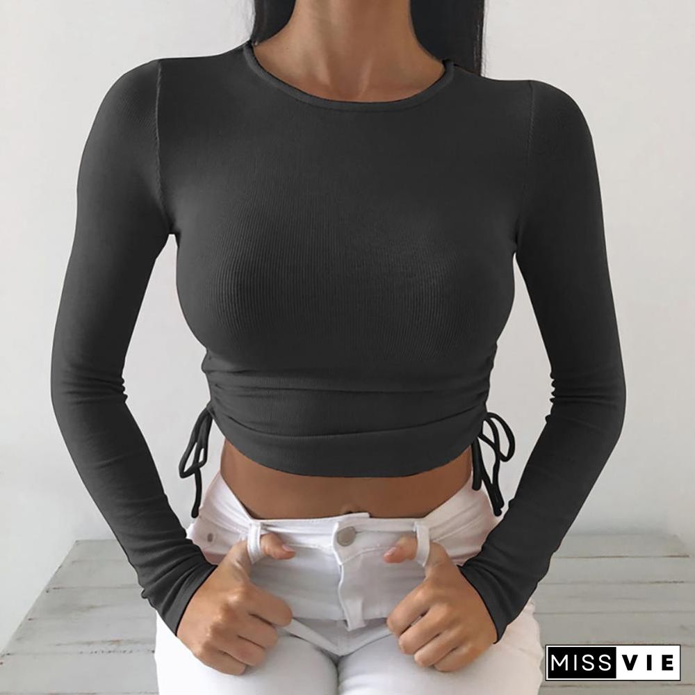 Casual Solid O-Neck Long Sleeve Crop Top Women Side Drawstring Ruched White T-Shirt Female Tee Shirt Top For Women Clothing