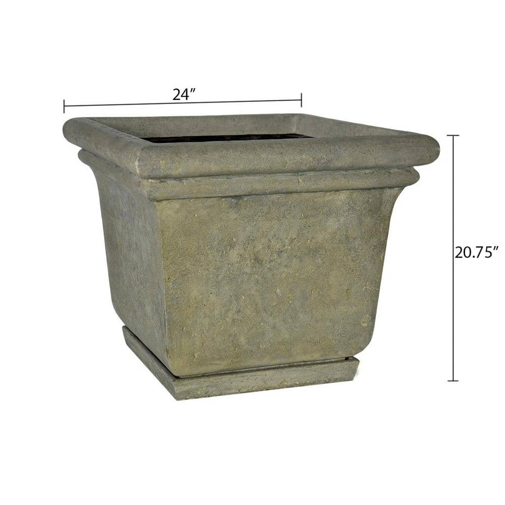 MPG 24 in. Square Cast Stone Fiberglass Planter with Attached Saucer in Aged Granite Finish PF5762AG