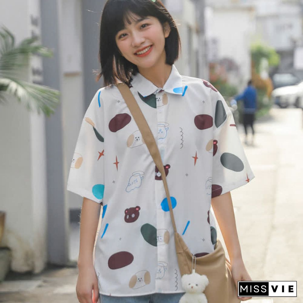 Cartoon Bear Print Lapel Casual T-Shirt