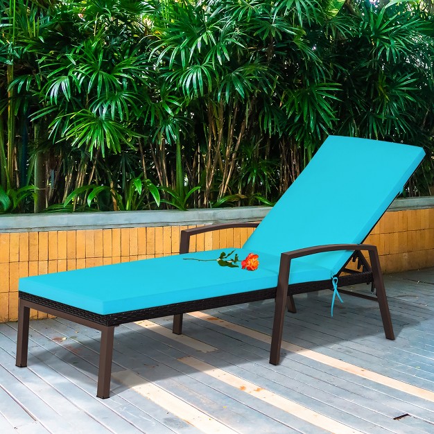 Costway Patio Rattan Lounge Chair Chaise Recliner Back Adjustable W cushion Turquoise