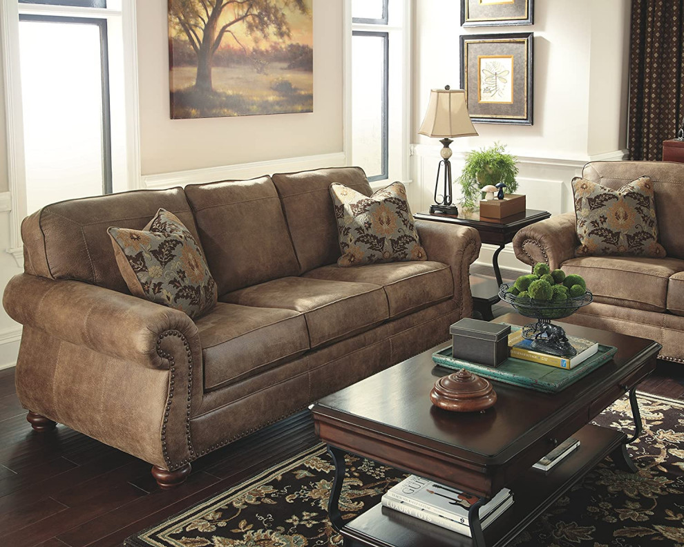 Elegant Traditional Sofa  Faux Leather Seat  ampRolled Arms With Nailhead  Earth   Traditional   Sofas   by Decor Love  Houzz