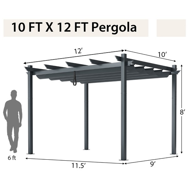 Costway 10x12ft Outdoor Aluminum Retractable Pergola Canopy Shelter Grape Trellis Beige gray