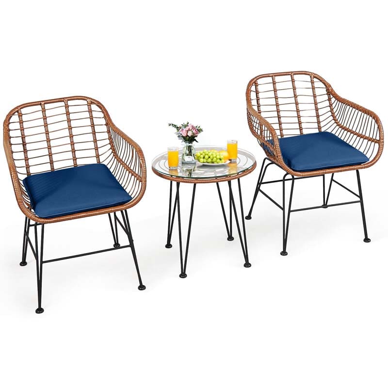 3 Pcs Patio Conversation Bistro Set Outdoor Rattan Furniture Set with Round Table & 2 Rattan Cushioned Armchairs