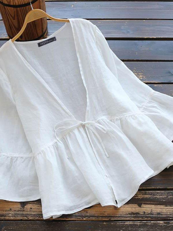Ladies Casual Cardigan Lantern Sleeve Cotton Linen Top