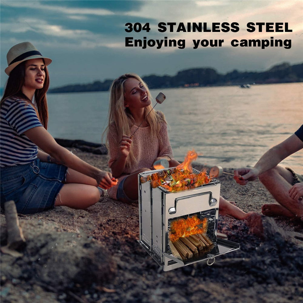 Camping Stove Portable Stainless Steel Backpacking Stove, Folding Lightweight Wood Burning Stove for Outdoor Survival Cooking Picnic Hunting, Mini BBQ Grill with Carry Bag