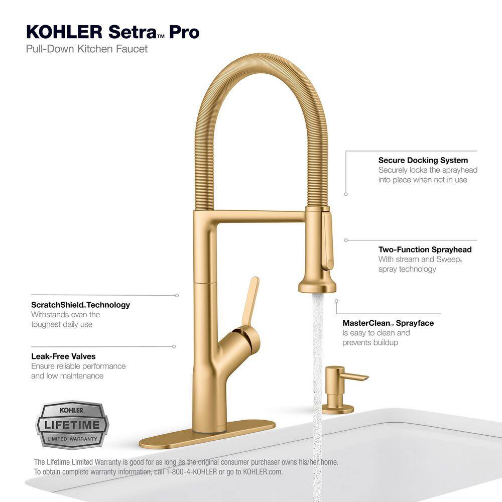 KOHLER Setra Single-Handle Semi-Professional Kitchen Sink Faucet with Soap Dispenser in Vibrant Brushed Moderne Brass K-R29343-SD-2MB