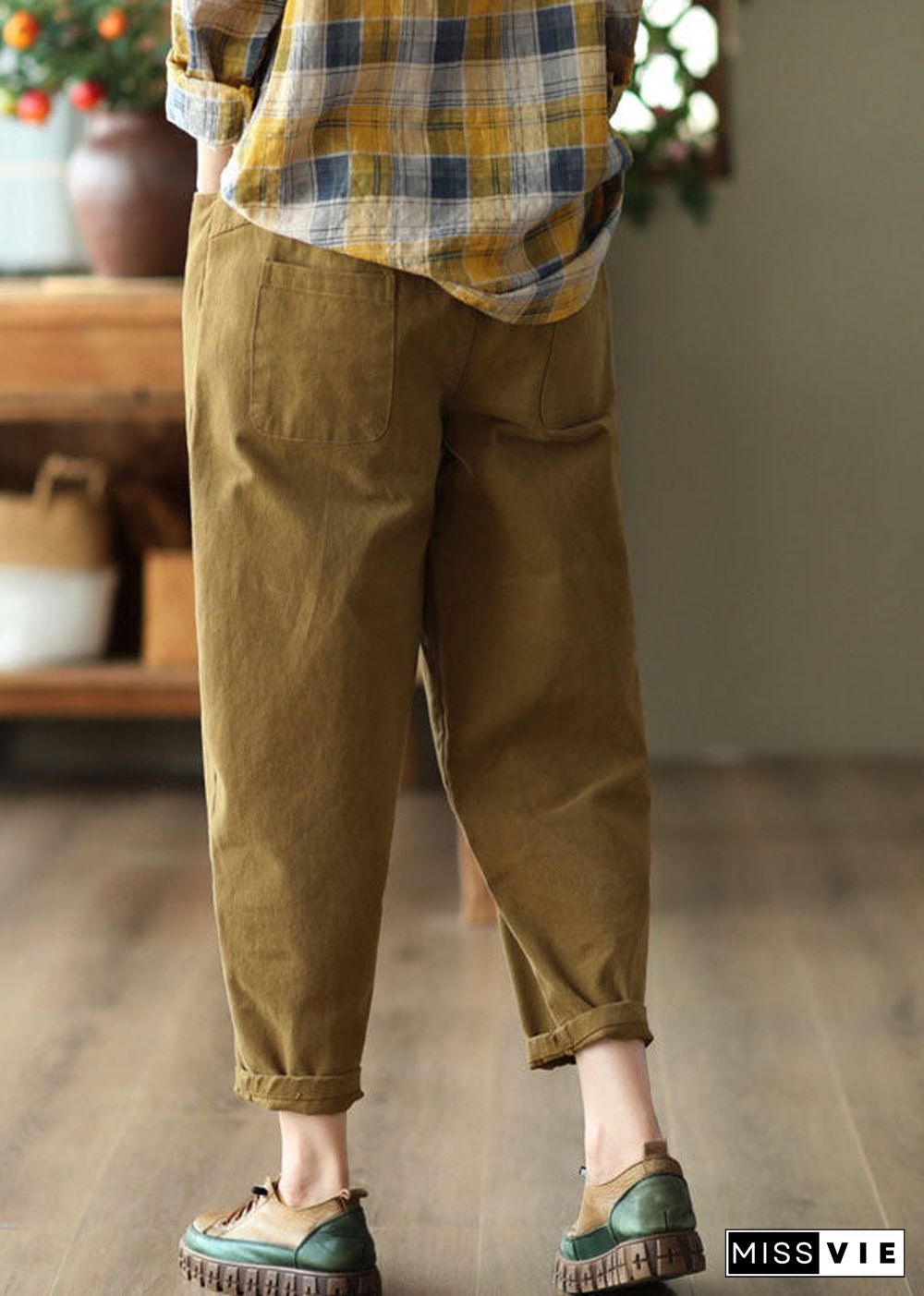 Khaki Slim Fit Cotton Harem Pants High Waist Pockets Fall