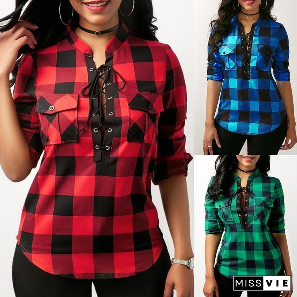 Women Plaid Shirts Long Sleeve Blouses Cotton Lace Up Tunic Casual Tops Plus Size