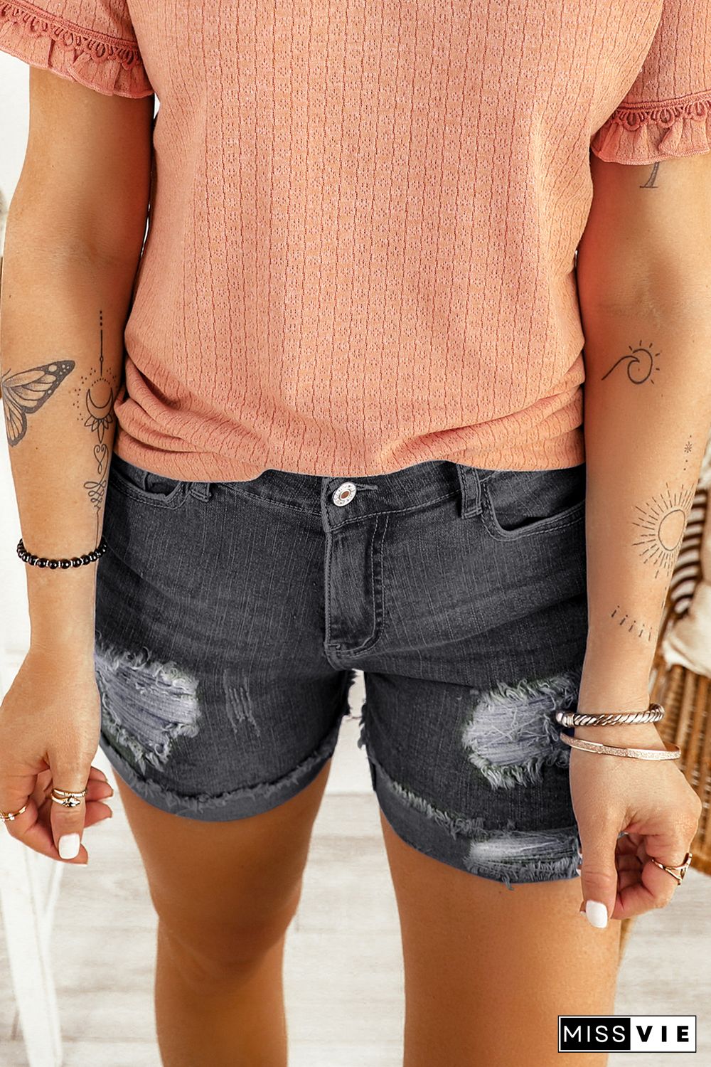 Distressed Ripped Rolled Hem Black Denim Shorts